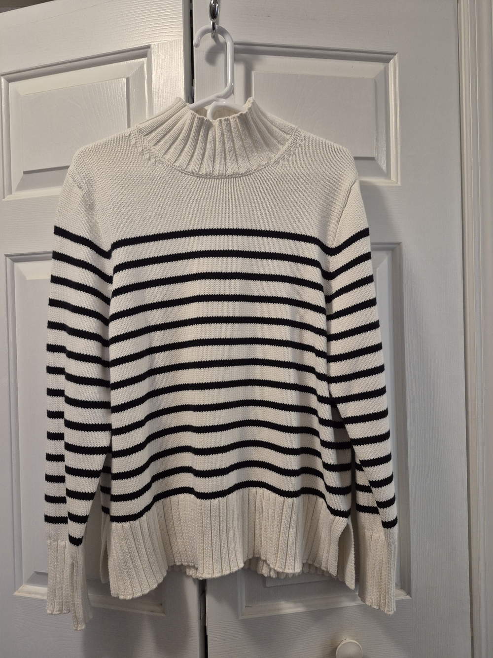 J. Crew Striped Mock Neck Cotton Long Sweater - White & Black Sz LARGE